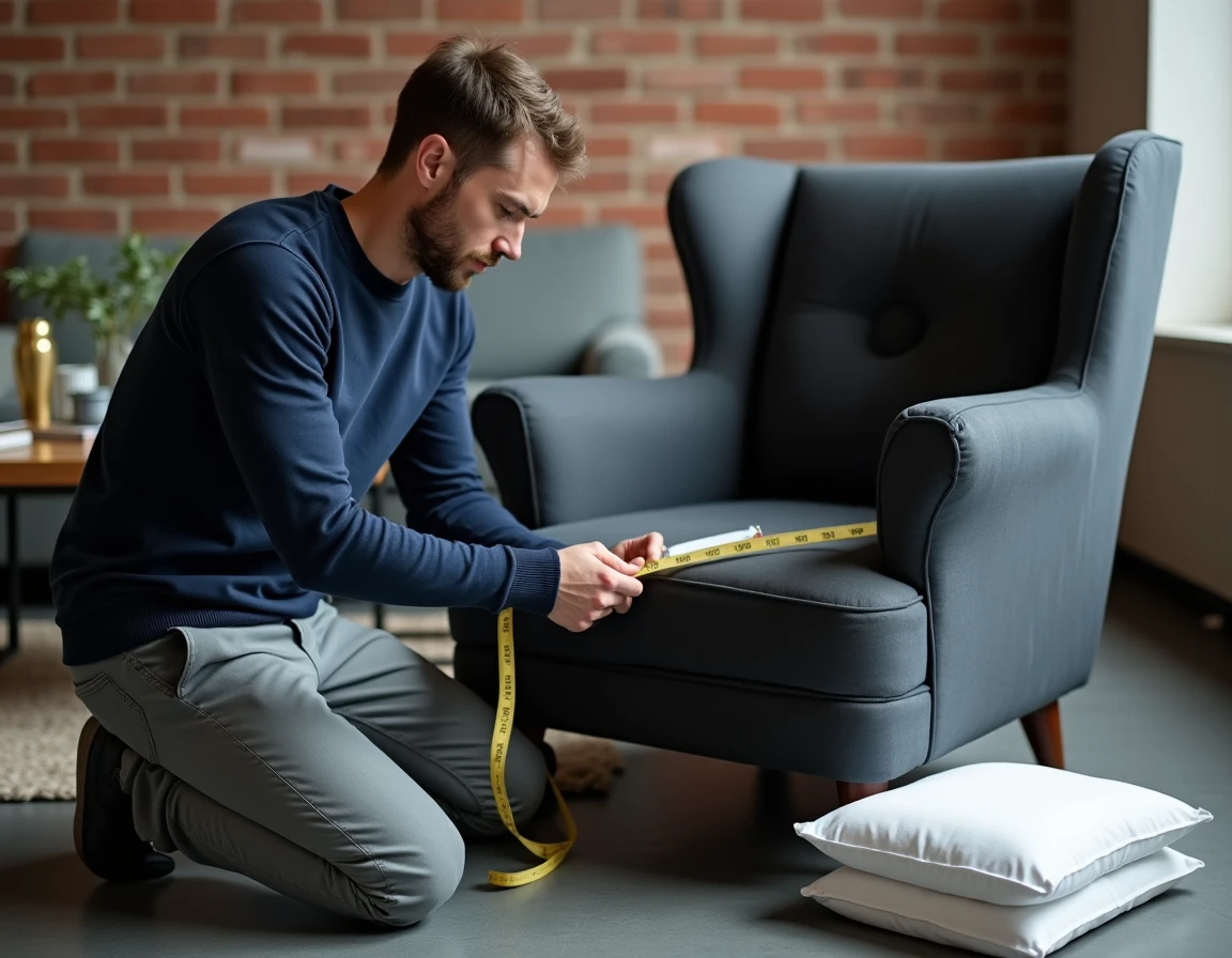 Homme mesurant la largeur d'assise d'un fauteuil gris anthracite avant d'installer une housse de fauteuil extensible