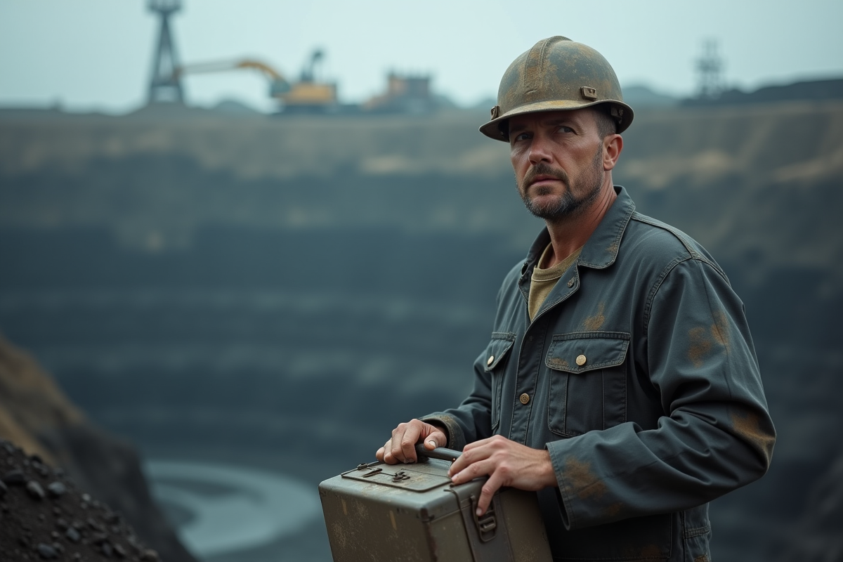 Homme mineur de charbon debout en plein air avec casque et lunchbox