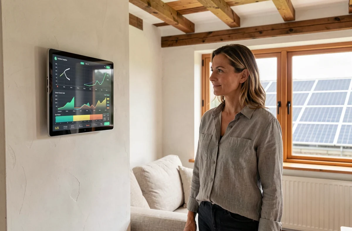 Femme consultant l'interface de monitoring d'un kit solaire autonome 5000W depuis son salon