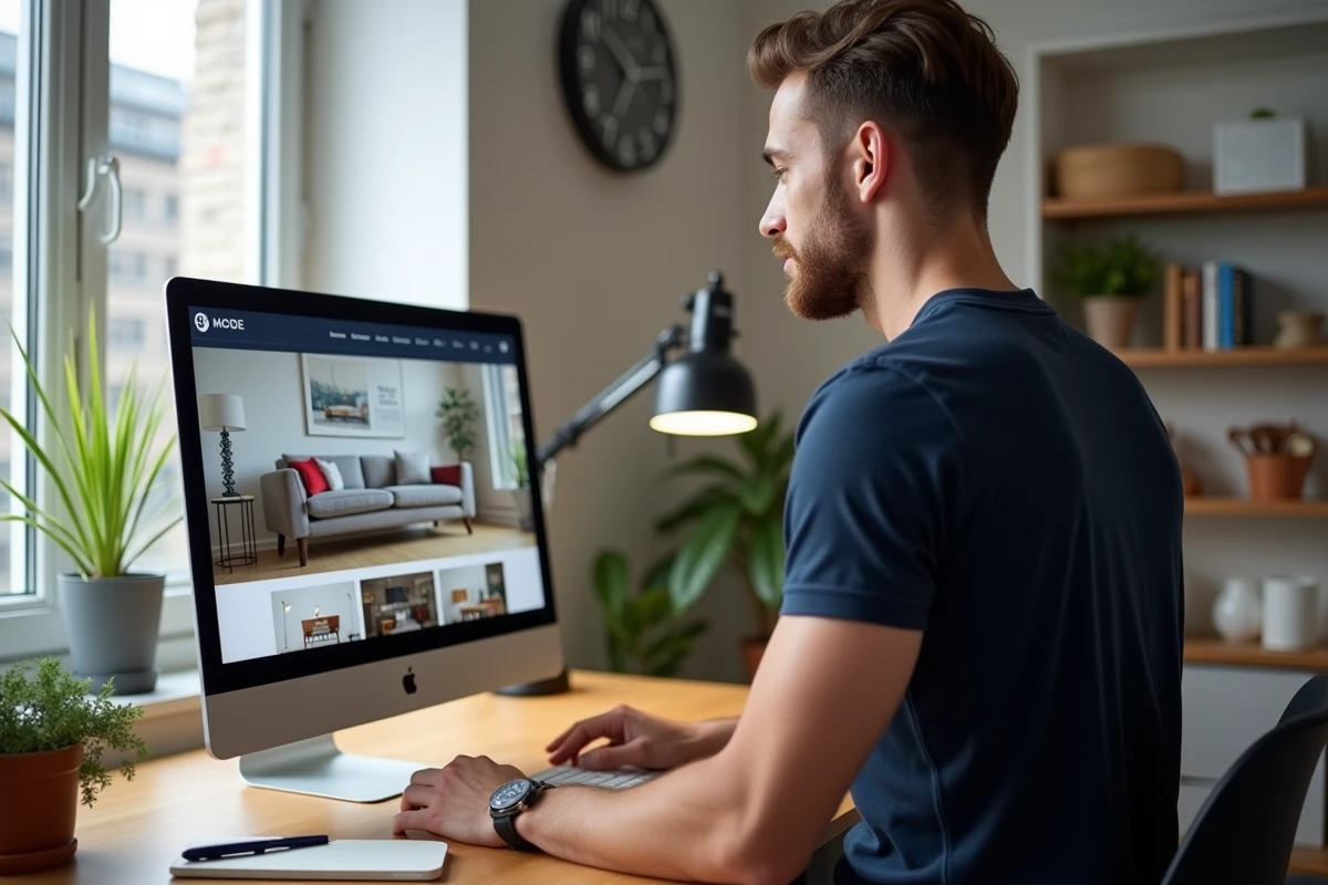 Homme naviguant sur le site de meubles BUT en ligne depuis son bureau à domicile pour choisir un canapé