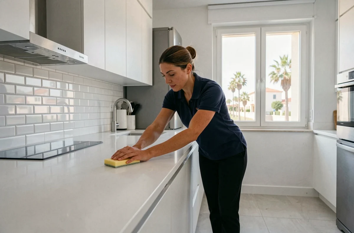 Professionnelle du ménage nettoyant un plan de travail dans une cuisine moderne avec vue sur la Méditerranée à Antibes