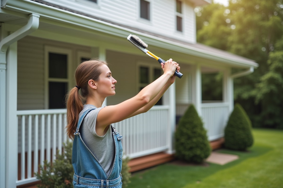 Jeune femme nettoyant une gouttière en vinyle avec une brosse