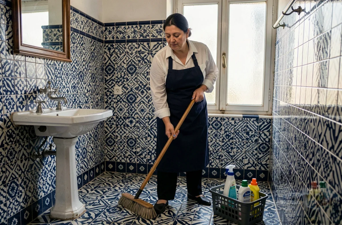 Femme de ménage nettoyant la salle de bain carrelée d'un riad traditionnel à Tanger