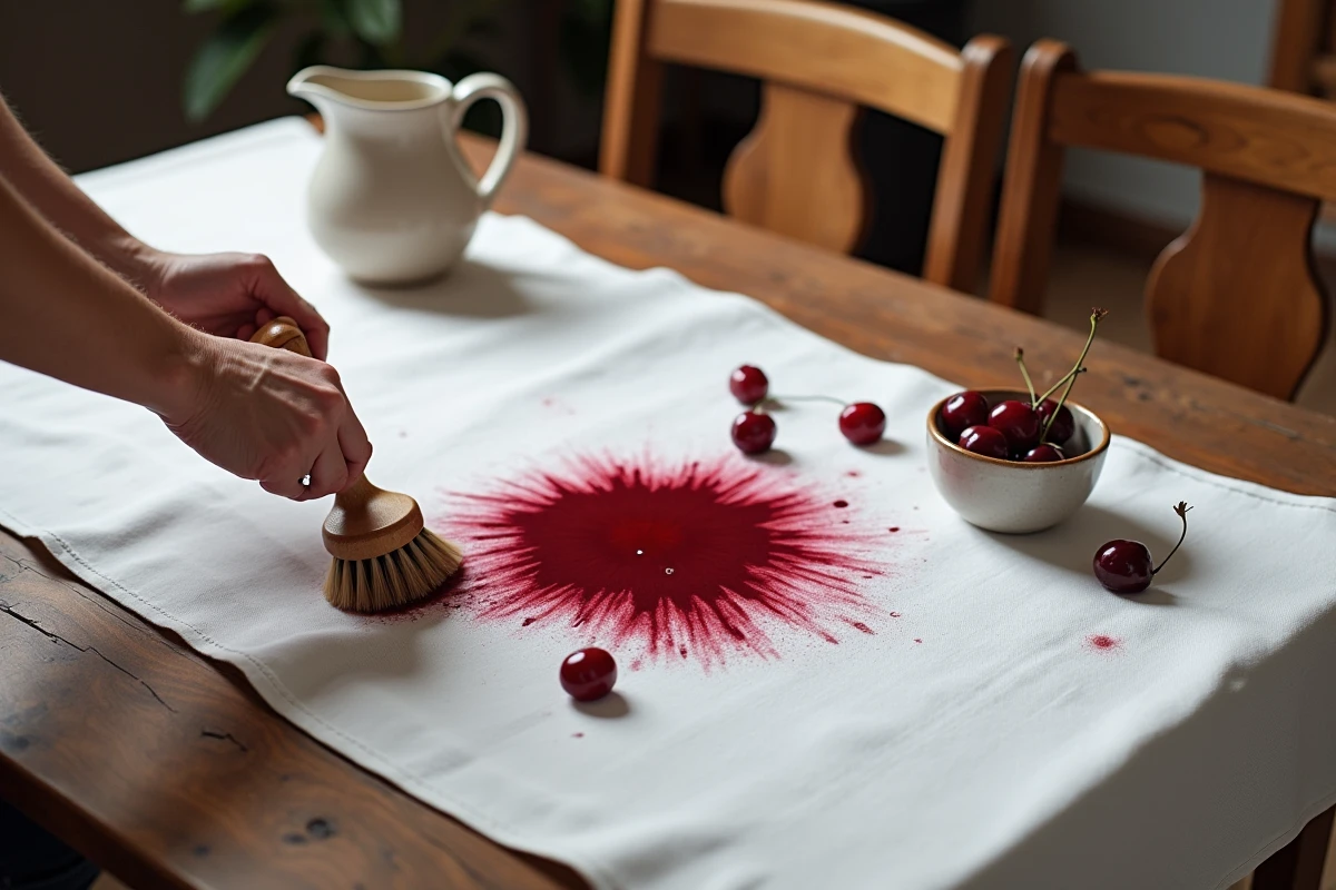 Mains en train de frotter une tache de cerise ancienne sur une nappe blanche avec une brosse et de l'eau savonneuse