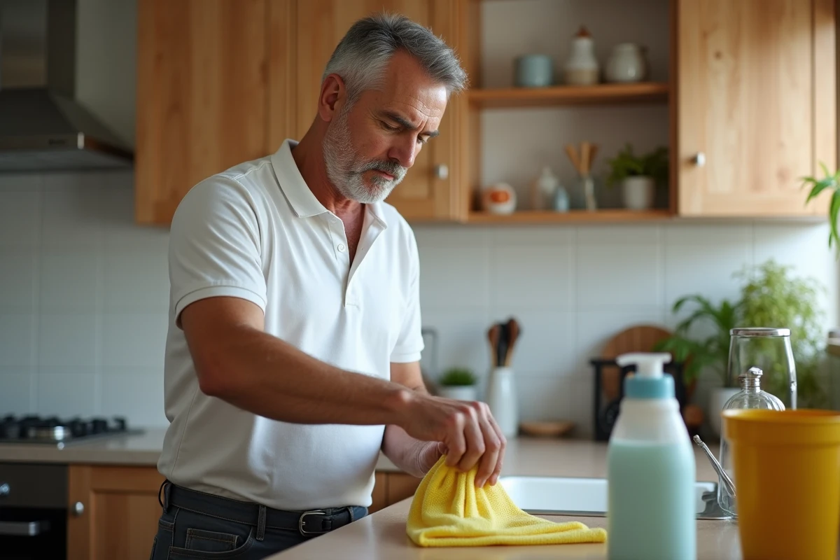 Homme nettoyeur organisant des produits écologiques dans la cuisine