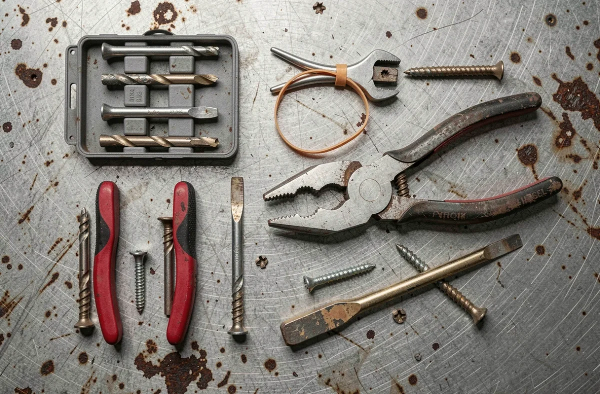 Vue aérienne des outils pour extraire une vis foirée : extracteur de vis, pince, élastique et tournevis sur un établi métallique