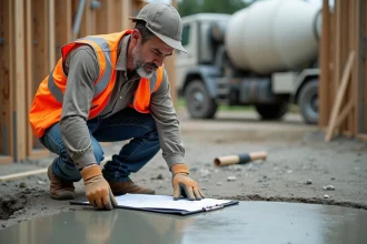 Ouvrier sur chantier calculant le volume de béton en m3 avec un carnet de mesures