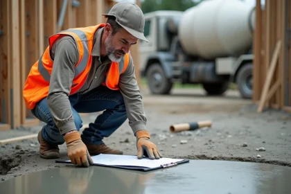 Ouvrier sur chantier calculant le volume de béton en m3 avec un carnet de mesures