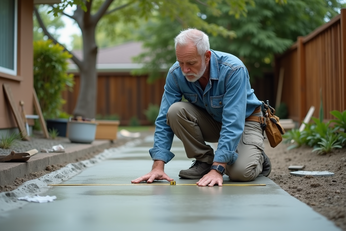 Ouvrier de construction mesurant une dalle de beton en extérieur