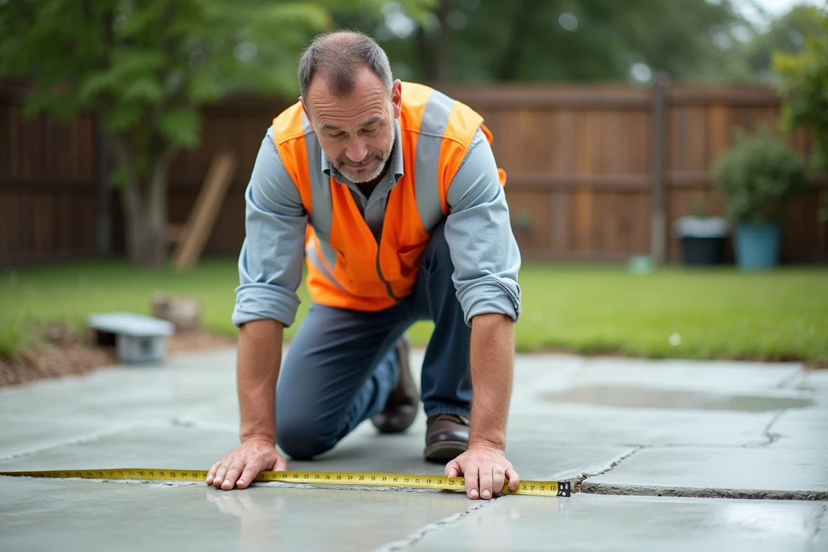 Ouvrier en vêtements de travail mesure une terrasse en béton