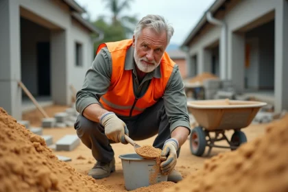Ouvrier du bâtiment mesurant le volume de sable en m3 sur un chantier de construction avec un seau gradué