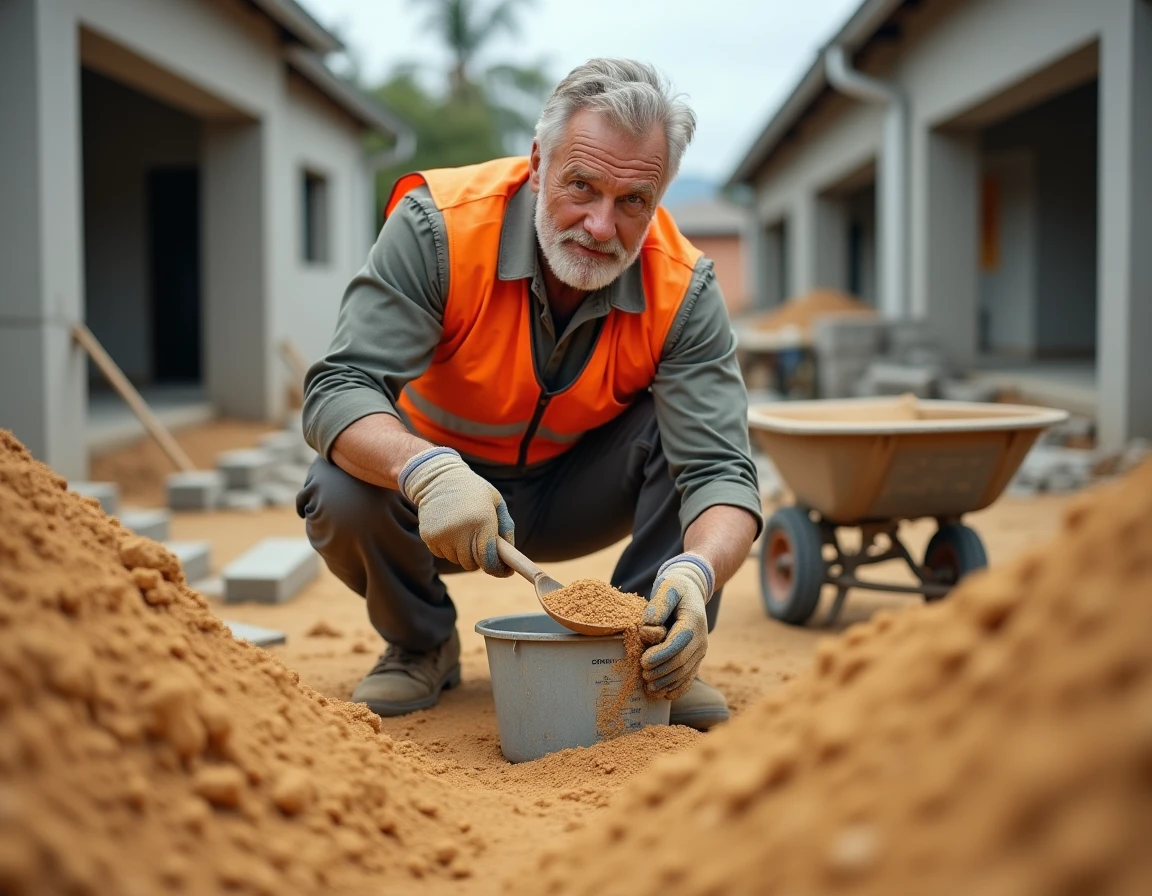 Ouvrier du bâtiment mesurant le volume de sable en m3 sur un chantier de construction avec un seau gradué
