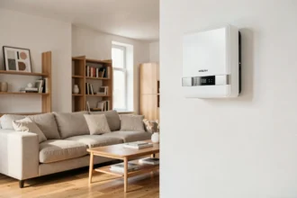 Unité intérieure de climatisation réversible Mitsubishi air-air installée en hauteur dans un salon moderne au décor épuré