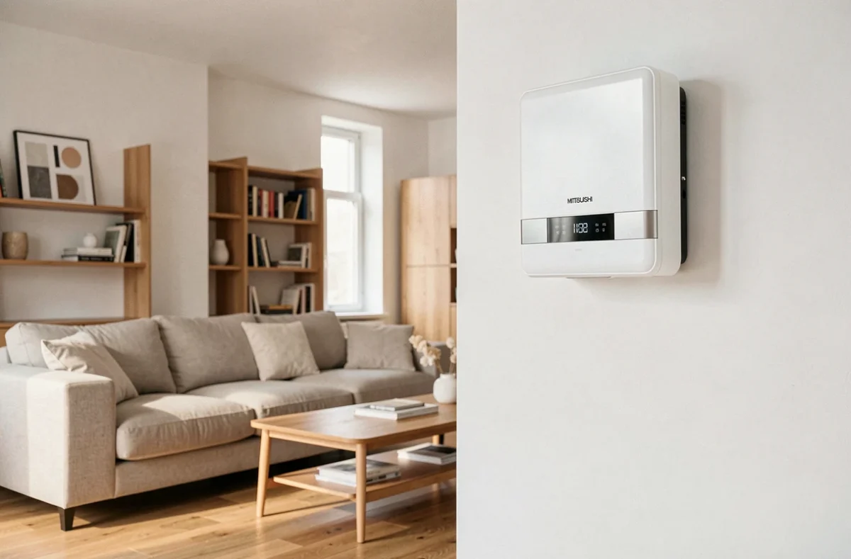 Unité intérieure de climatisation réversible Mitsubishi air-air installée en hauteur dans un salon moderne au décor épuré