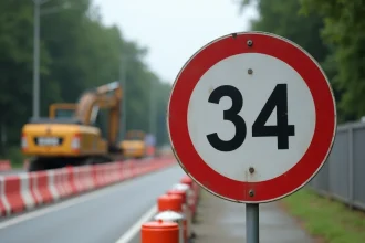 Panneau B34 de fin de limitation de vitesse installé en zone de travaux routiers avec barrières de chantier orange et blanc
