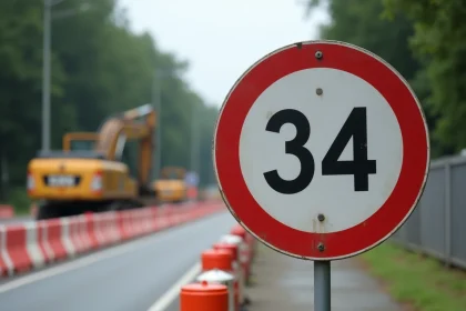 Panneau B34 de fin de limitation de vitesse installé en zone de travaux routiers avec barrières de chantier orange et blanc