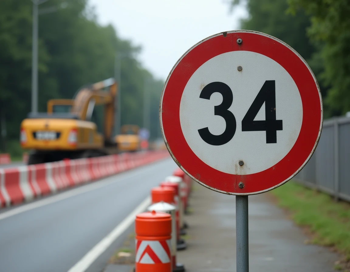 Panneau B34 de fin de limitation de vitesse installé en zone de travaux routiers avec barrières de chantier orange et blanc