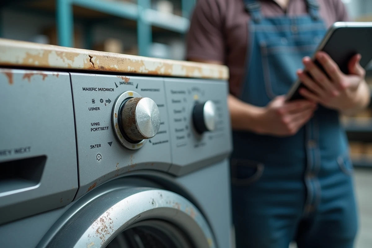 Gros plan sur un panneau de commande de lave-linge corrodé et usé lors d'un diagnostic par un technicien