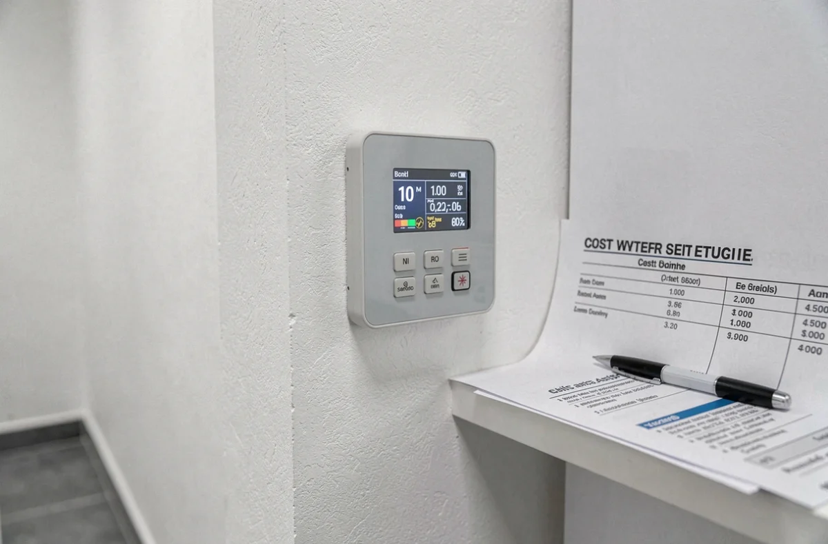 Panneau de contrôle numérique d'une pompe à chaleur air-eau affichant la température et la consommation énergétique