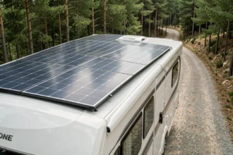 Panneau solaire souple 400W installé sur le toit incurvé d'un camping-car blanc garé en forêt