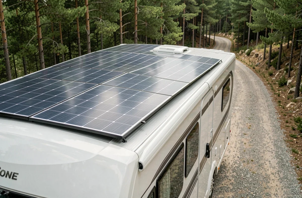 Panneau solaire souple 400W installé sur le toit incurvé d'un camping-car blanc garé en forêt