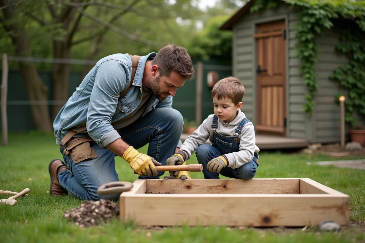 Pere et fils construisant un lit de jardin ensemble