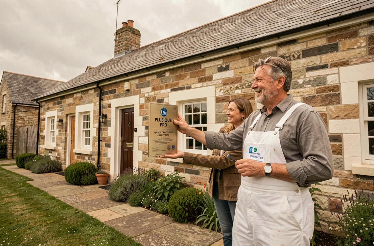 Peintre labellisé Plus que pro en Basse-Normandie présentant sa plaque de certification sur la façade d'une maison normande fraîchement peinte devant des clients satisfaits