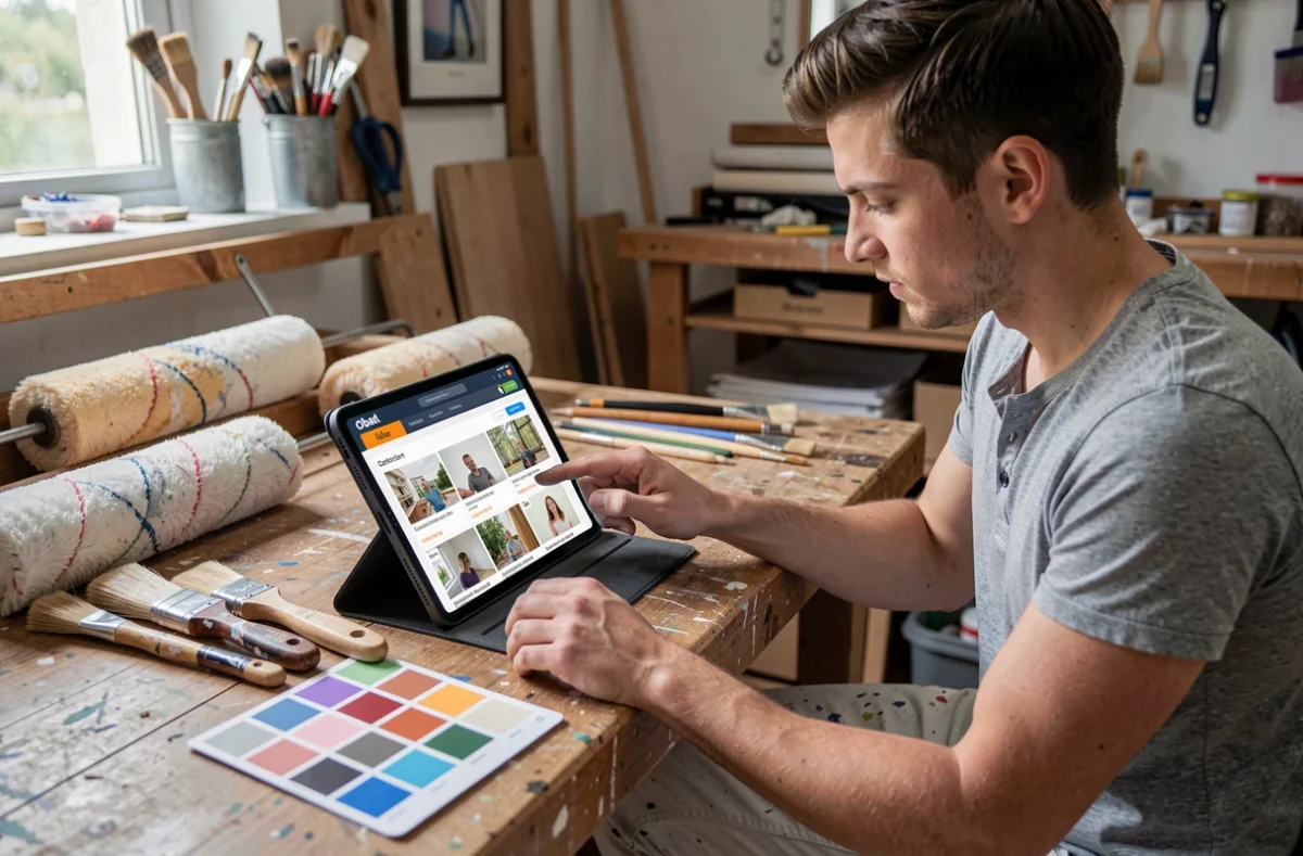 Jeune artisan peintre normand consultant les profils de peintres référencés sur la plateforme Obat depuis une tablette posée sur un établi d'atelier