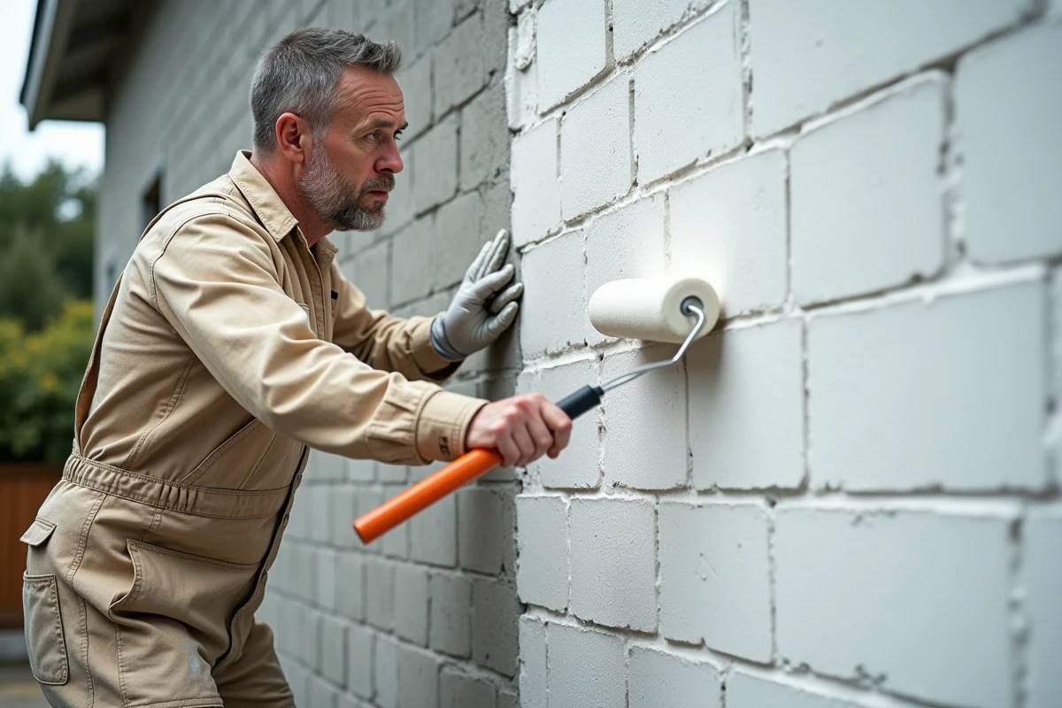 Homme appliquant une couche de peinture extérieure sur un mur en parpaing avec un rouleau, travaux de rénovation façade maison