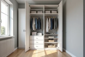 Penderie Brico Dépôt ouverte avec rangements modulables dans une petite chambre aux murs gris et parquet clair
