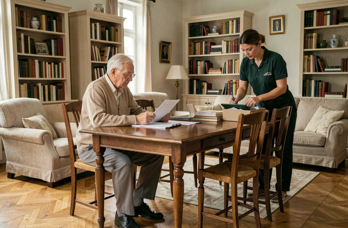 Personne âgée à domicile recevant une aide ménagère professionnelle dans un salon traditionnel français