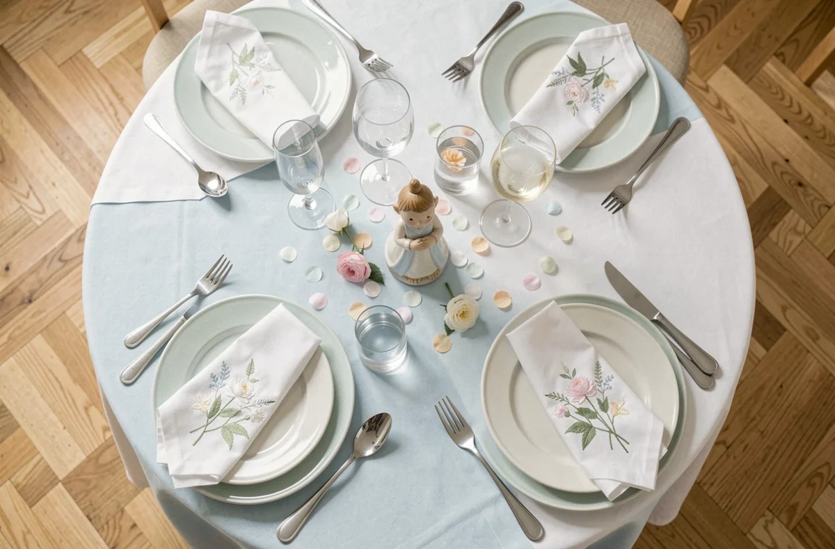 Vue de dessus d'un couvert de baptême avec quatre verres disposés selon l'étiquette : verre à jus, gobelet à eau, verre à vin blanc et flûte à champagne sur nappe bleu pâle