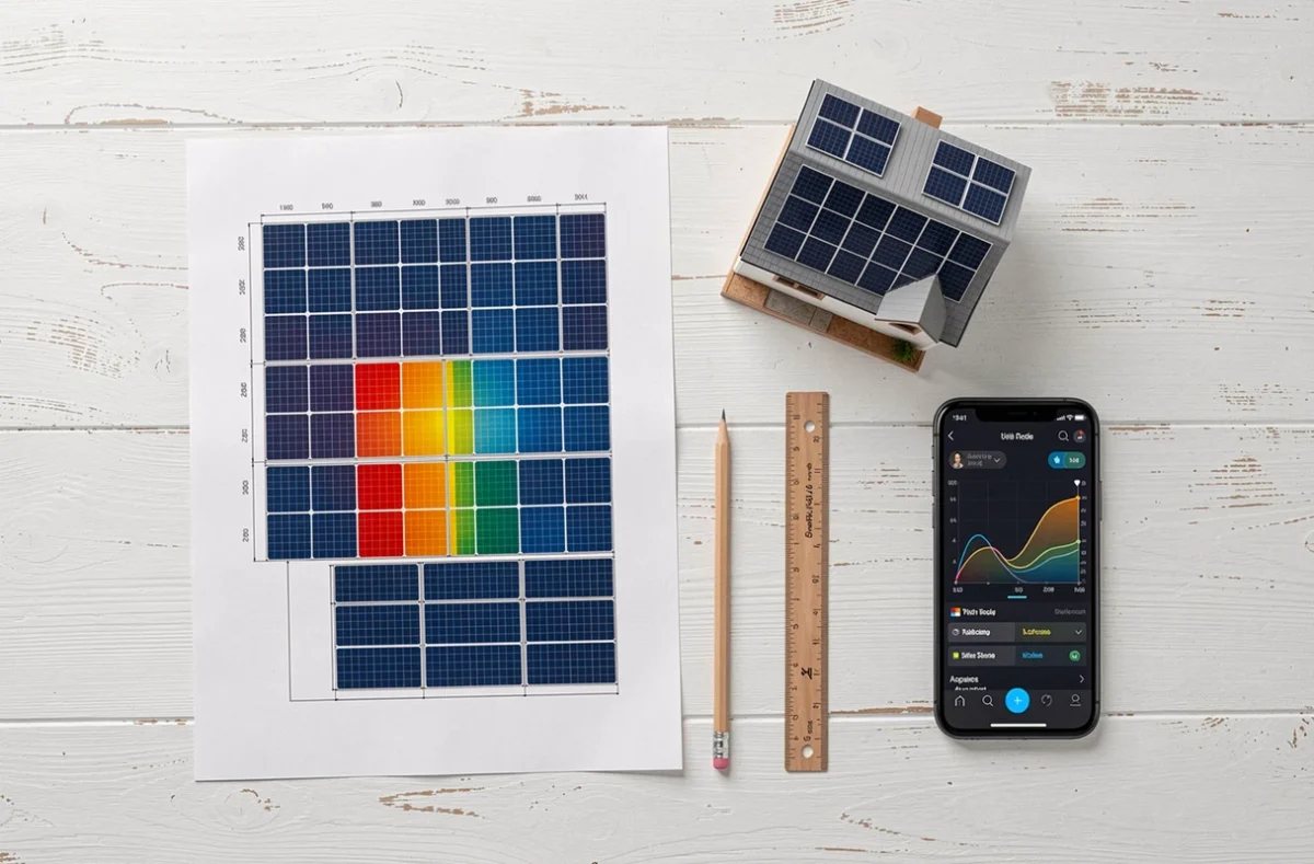 Vue aérienne d'un plan PNG de panneaux solaires imprimé posé sur une table avec une maquette de maison et des outils de conception
