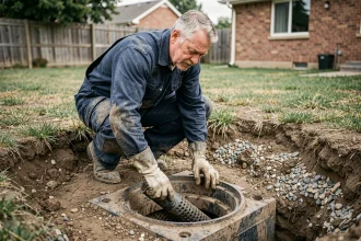 Plombier inspectant un drain de fosse septique saturé dans une tranchée de jardin résidentiel