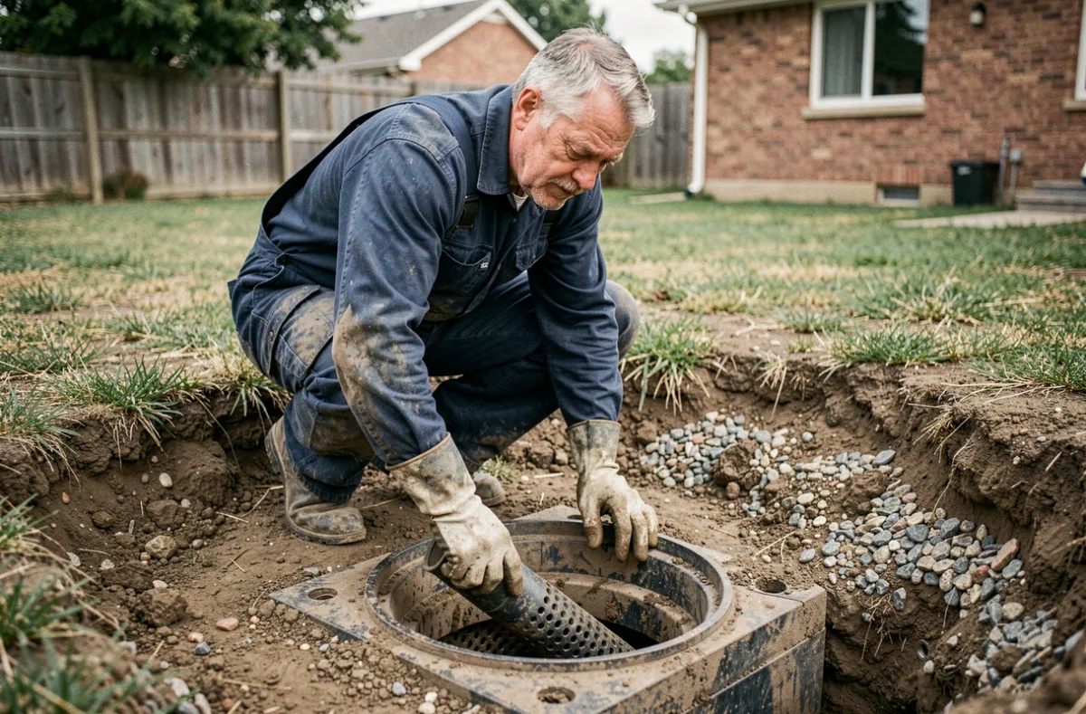 Plombier inspectant un drain de fosse septique saturé dans une tranchée de jardin résidentiel