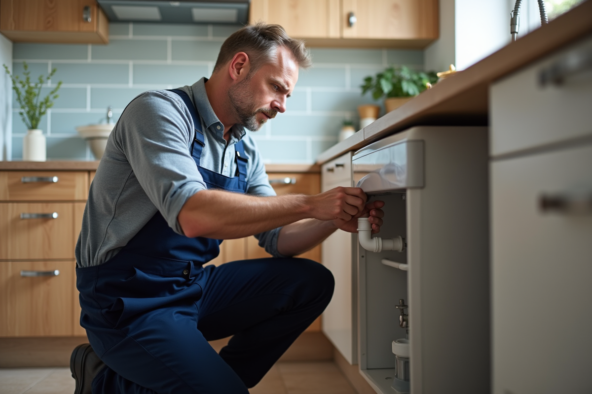 Plombier professionnel installant un siphon dans une cuisine moderne