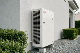 Pompe à chaleur LG Therma V 16 kW installée en extérieur sur le mur d'une maison contemporaine