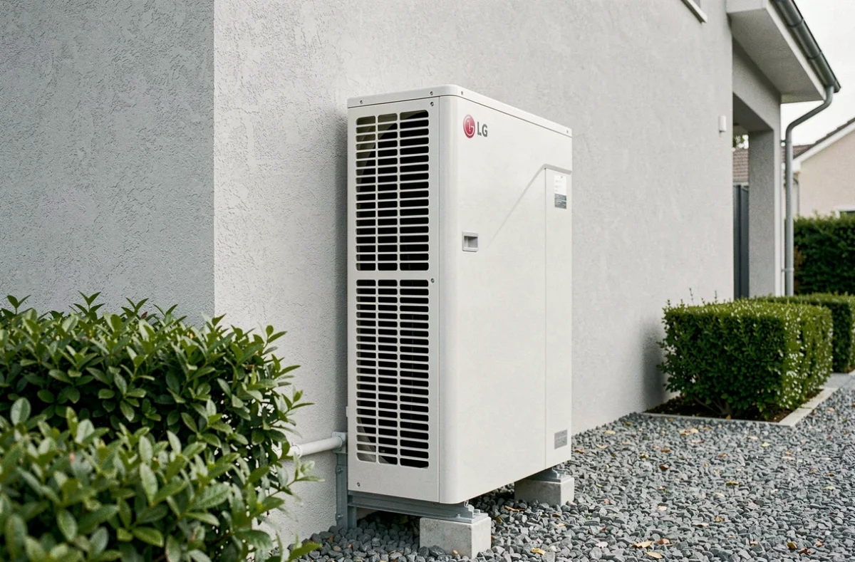 Pompe à chaleur LG Therma V 16 kW installée en extérieur sur le mur d'une maison contemporaine