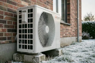 Unité extérieure de pompe à chaleur Mitsubishi installée sur la façade d'une maison moderne en hiver