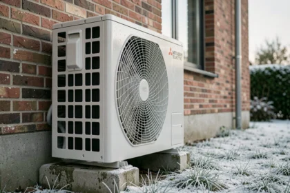 Unité extérieure de pompe à chaleur Mitsubishi installée sur la façade d'une maison moderne en hiver