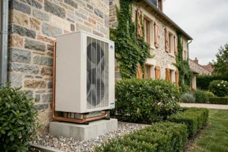 Pompe à chaleur air-eau installée en extérieur sur la facade d'une maison individuelle avec tuyauterie cuivre visible
