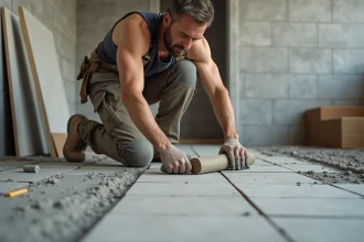 Carreleur professionnel posant du carrelage au sol dans une salle de bain en rénovation avec une spatule crantée et du mortier colle
