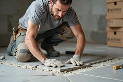 Carreleur professionnel posant un grand carrelage en grès cérame sur le sol d'une salle de bain en rénovation