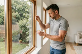 Homme mesurant un cadre de fenêtre avant la pose d'une moustiquaire C MARL pour éviter les erreurs d'installation