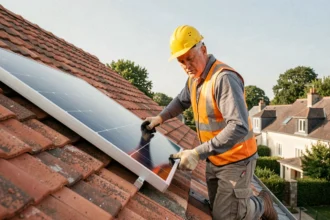 Ouvrier installant un panneau solaire sur une toiture en tuiles lors de la pose d'une installation photovoltaïque résidentielle