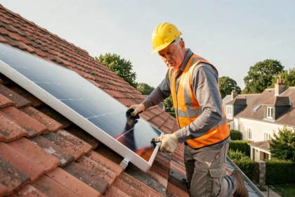 Ouvrier installant un panneau solaire sur une toiture en tuiles lors de la pose d'une installation photovoltaïque résidentielle