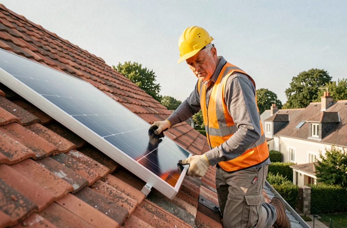 Ouvrier installant un panneau solaire sur une toiture en tuiles lors de la pose d'une installation photovoltaïque résidentielle