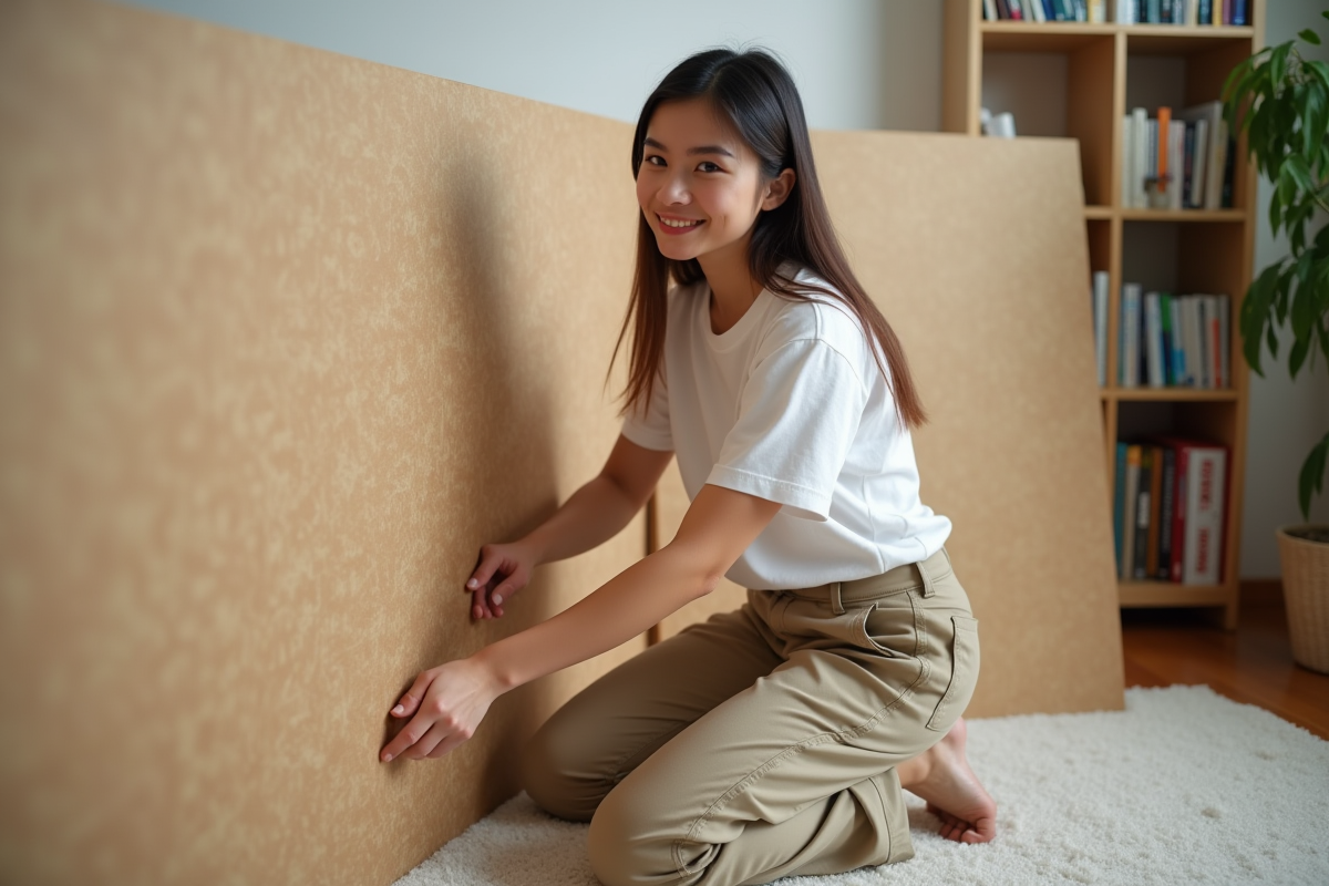 Jeune femme posant une planche de bois pour un séparateur intérieur
