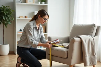 Femme prenant les mesures d'un fauteuil beige avec un mètre ruban jaune pour choisir une housse extensible