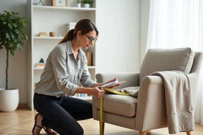 Femme prenant les mesures d'un fauteuil beige avec un mètre ruban jaune pour choisir une housse extensible